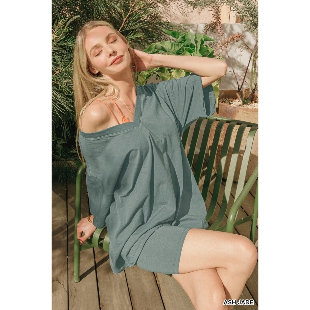 NEW Zenana XLarge Ash Jade Cotton V-Neck Oversized Biker Shorts Set CTCP-3362D4